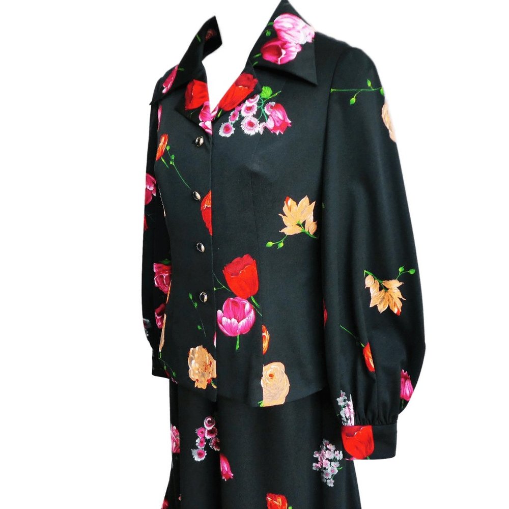 Vintage 70s 2pc Maxi Dress Jacket Suit Set Black Floral Sweetheart V Neck Moody - Picture 12 of 12